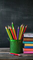 Wall Mural - Colorful school stationery on table on blackboard background. AI generated illustration