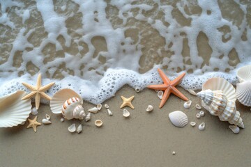 Wall Mural - Tranquil beach setting featuring an assortment of seashells and starfish along the shore with gentle waves in the background