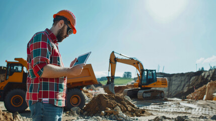 Site supervisor with tablet by construction vehicles