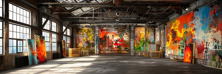 Poster - Vibrant and Eclectic Industrial Loft Space with Colorful Abstract Paintings and Grunge Textures