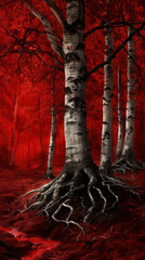 Mystical Enchanted Forest with Black and White Birch Trees and Crimson Red Glowing Background, Surreal Fantasy Art Nature Background, Dark Mystical Forest of Enchantment and Magic Imagery