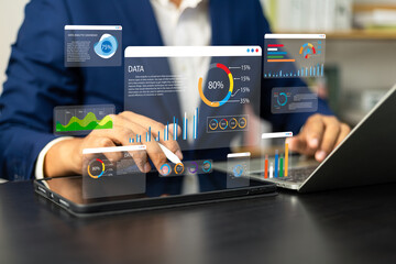 Fototapete - Analyst utilizing technology and dashboard with charts data science and Big Data technology for business, Strategic data management system with KPI organization performance with technology and metrics
