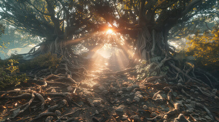 Canvas Print - Enchanted Forest Sunrise Majestic Light Streaming through Ancient Trees Illuminates Mystical Pathway with Intricate Roots, Evoking Serenity and Wonder in a Fairytale Woodland Setting