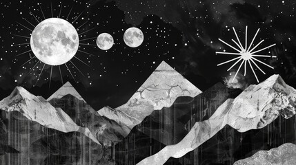 Monochrome pixel art mountain range under night sky