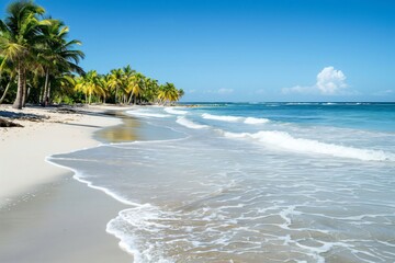 Wall Mural - Serene beach scene with palm trees lining the shore and gentle waves lapping on the sunny, pristine sands under a clear blue sky