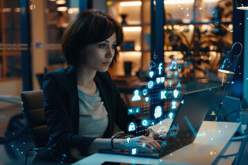 focused businesswoman with virtual projection