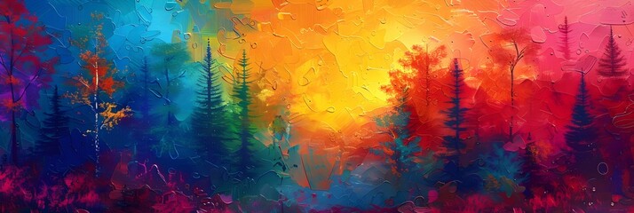 Poster - Vibrant Autumnal Landscape Painting with Colorful Forest and Glowing Sunset