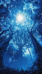 Canvas Print - Majestic Night Forest A Breathtaking View of Tree Canopies Illuminated by Moonlight with Enchanting Blue Tones Creating a Mystical and Tranquil Ambiance in a Secluded Wilderness