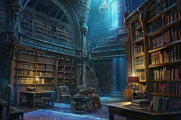 Wall Mural - a room with a lot of books on the shelves, ancient library filled with mystical books