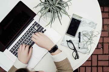 Leinwandbilder - a person typing on a laptop computer on a wooden table, visually appealing social media profile for a brand