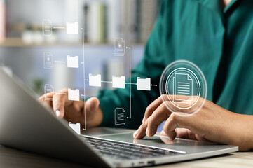 Fototapete - Document management system concept (DMS), Businessman working laptop virtual screen icons folder and document management system, Software for archiving, Searching and managing files corporate document