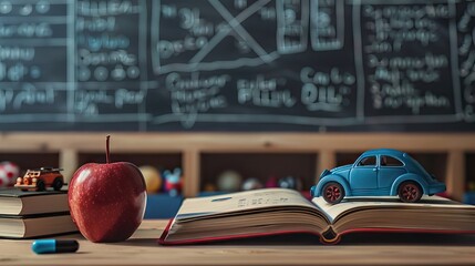 Open book and school supplies on the table in classroom with blackboard background, back to school concept. AI generated illustration