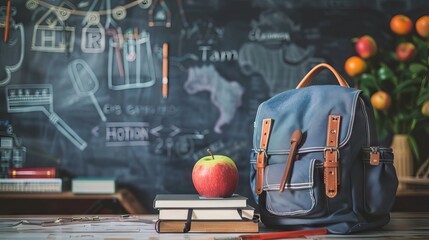Wall Mural - concept of education, stationery on the school table. Back to school, with school supplies, an apple, old books and a backpack on a wooden table above the blackboard. AI generated illustration