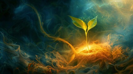 Wall Mural - a captivating scene of a seedling taking root within the contours of a soul, illuminated by a soft i