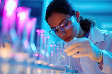 Aufkleber - a woman in a lab coat and goggles is doing something, a visual story of a laboratory experiment