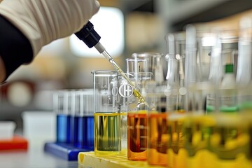 Poster - a woman in a lab coat and goggles is doing something, a visual story of a laboratory experiment