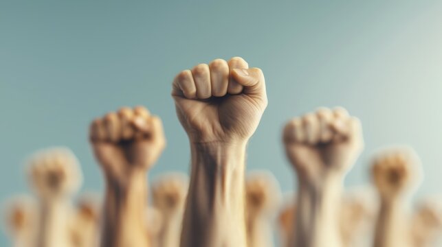 Fists raised in solidarity at a protest rally, diverse group of people fighting for equality and justice, dynamic energy of a social movement, strong sense of community and rebellion