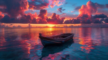 Wall Mural - A boat is floating in the ocean with a beautiful sunset in the background