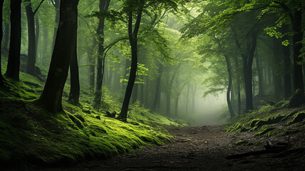 Wall Mural - misty landscape in a fresh green spring forest, trunks of green trees in the mist of the forest morn