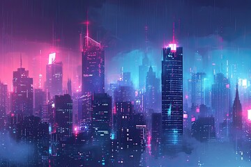 Poster - a city skyline with a neon light at night, Develop a cyberpunk city skyline at night