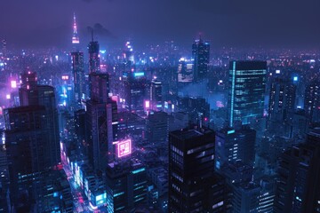 Fototapete - a city skyline with a neon light at night, Develop a cyberpunk city skyline at night