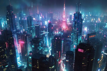 Poster - a city skyline with a neon light at night, Develop a cyberpunk city skyline at night