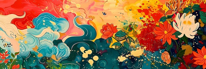 Aufkleber - Vibrant Floral Fusion A Dreamlike Botanical Expression of Color and Imagination