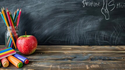 Wall Mural - education and back to school concept. pencils stand as bus over wooden desk infront of classroom blackboard. AI generated illustration