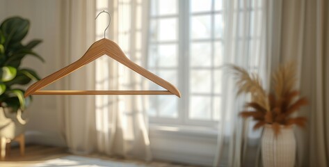 Wooden clothes hanger in minimalist sunlit room with natural decor and plants