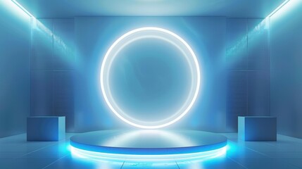 Wall Mural - futuristic blue neon podium with circular light
