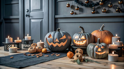 Wall Mural - Happy Halloween day background concept.Couple jack O Lanterns with spooky pumpkins object to party season on modern