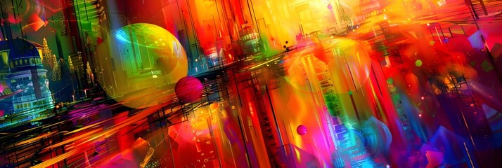 Poster - Vibrant Futuristic Cityscape of Captivating Kaleidoscopic Lights and Geometric Shapes