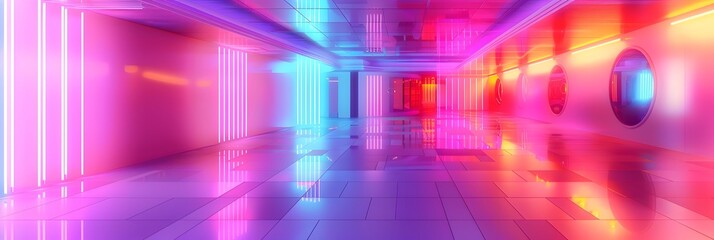 Poster - Vibrant Futuristic Corridor with Glowing Neon Reflections and Geometric Patterns