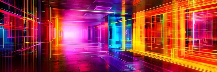Leinwandbilder - Vibrant Futuristic Neon Corridor with Geometric Light Patterns and Abstract Digital Architecture