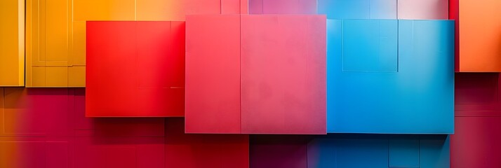 Poster - Vibrant Geometric Abstraction of Overlapping Colored Cubes and Rectangles in a Modern Minimalist Composition