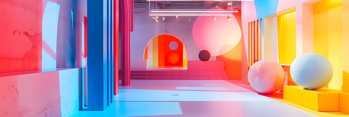 Aufkleber - Vibrant Geometric Architectural Abstract with Colorful Shapes and Lighting in Modern Interior Space