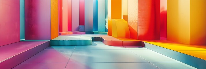 Poster - Vibrant Geometric Architectural Backdrop with Colorful Lighting and Reflections