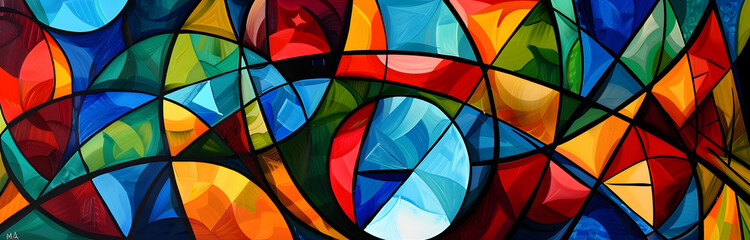 Poster - Vibrant Geometric Mosaic of Multicolored Shapes and Patterns Creating a Mesmerizing Digital Art Display