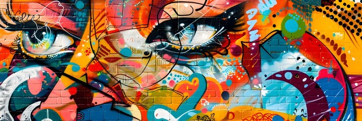 Aufkleber - Vibrant Graffiti Mural with Expressive Surreal Imagery Adorning Urban Wall