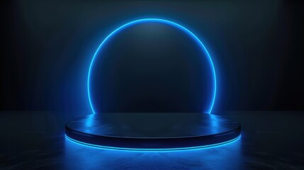 Wall Mural - Futuristic blue neon podium with circular light stage