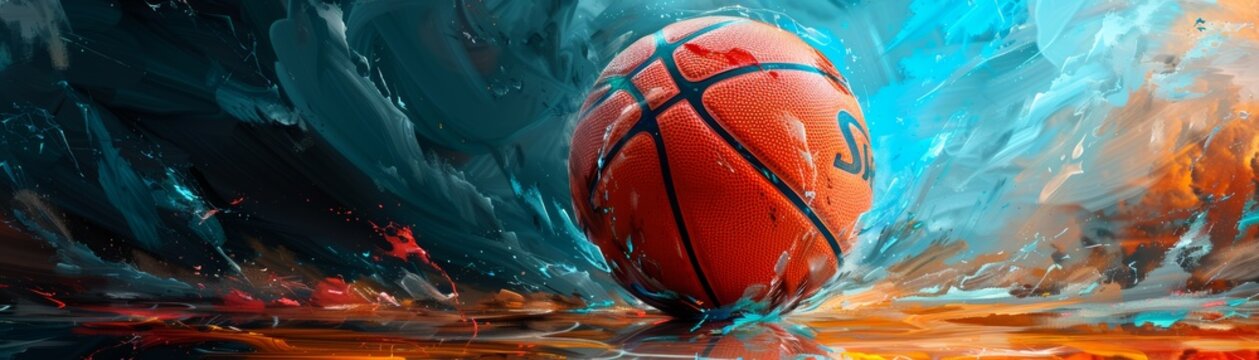 Vivid and dynamic abstract basketball illustration, bold colors, energetic lines, fluid forms, modern and expressive, capturing the intensity of the game