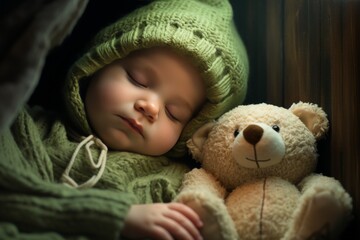 Wall Mural - A young girl is sleeping with a teddy bear