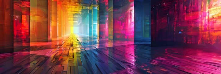 Poster - Vibrant Kaleidoscopic Hallway of Luminous Colors and Dimensional Patterns