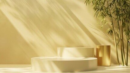 Wall Mural - minimalist product display with white podium and sunlight shadows