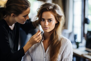 Canvas Print - A woman with long hair is getting her hair done by a stylist