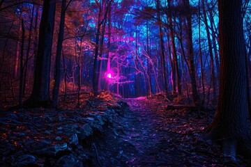Wall Mural - a purple and blue light in a forest, psychedelic neon forest trails