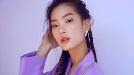 Wall Mural - Asian woman wearing a stylish purple suit and braided hair