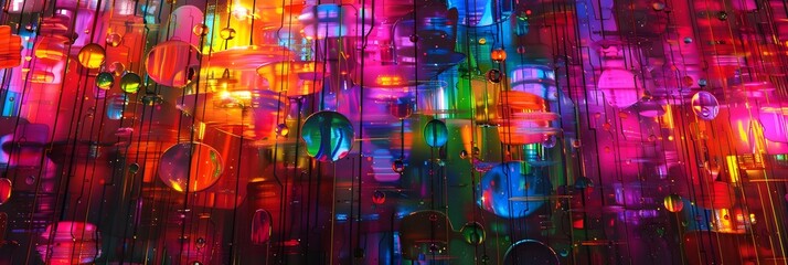 Fototapete - Vibrant Neon Lights Kaleidoscopic Art of Glowing Geometric Patterns and Mesmerizing Digital Visuals