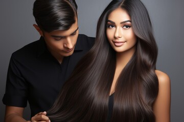 Canvas Print - A woman with long brown hair is getting her hair done by a stylist