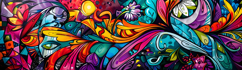 Leinwandbilder - Vibrant Psychedelic Mural of Fantastical Floral and Organic Patterns in Vivid Colors and Fluid Shapes Portraying a Captivating and Immersive Digital